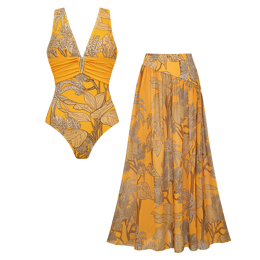 V Neck Yellow Plant Print Swimsuit Set(s)