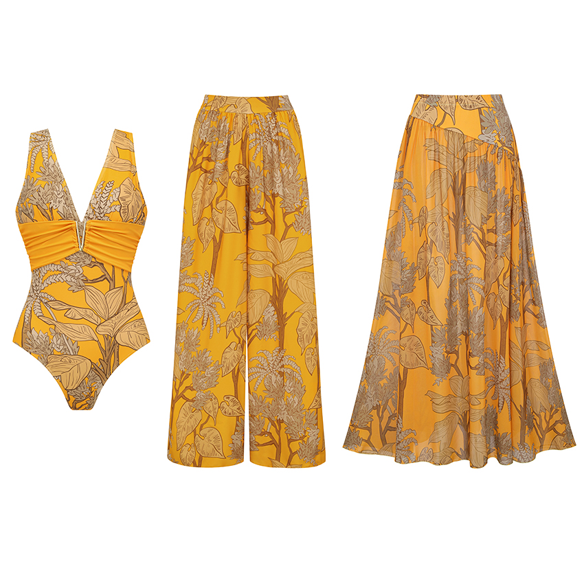 V Neck Yellow Plant Print Swimsuit Set(s)