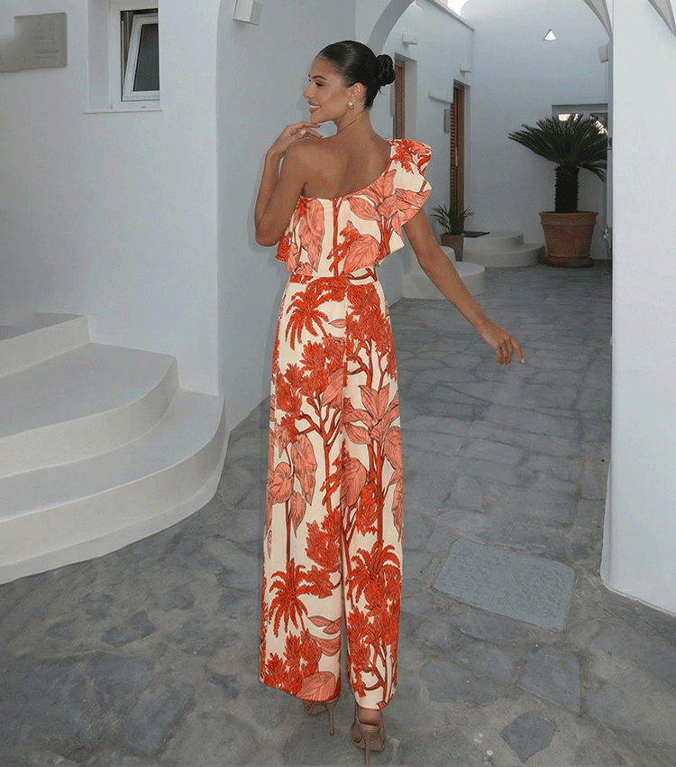 One Shoulder Ruffle Plant Print Swimsuit Set(s)