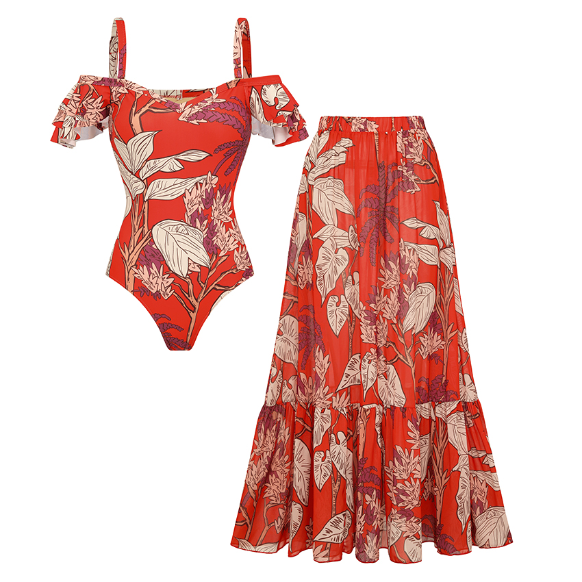 Adjustable Shoulder Straps Red Print Swimsuit Set(s)