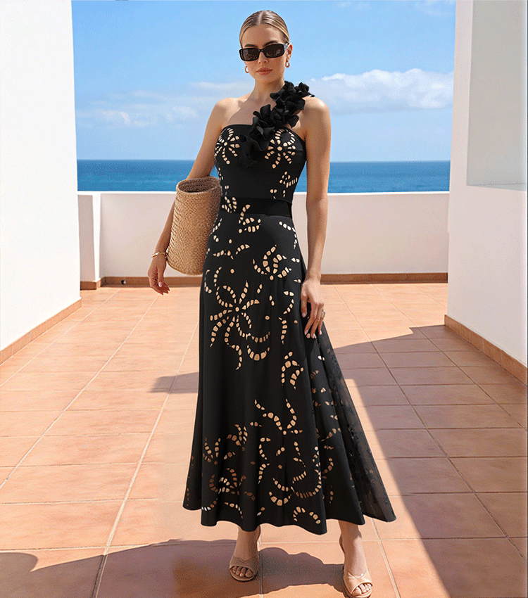 One Shoulder Ruffle Black Laser Cutting Flower Swimsuit Set(s)