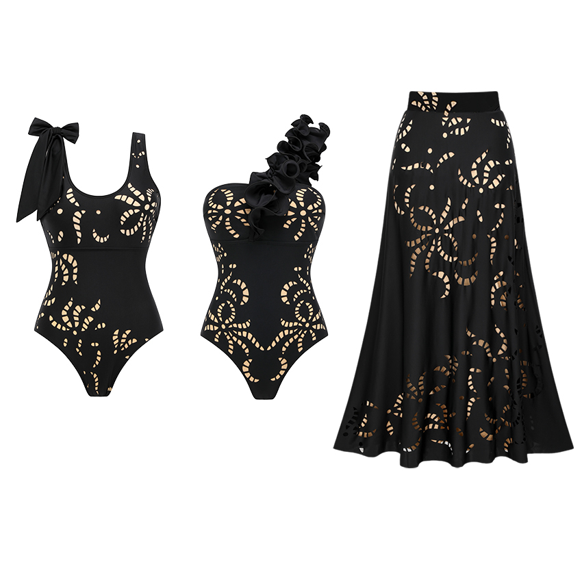 One Shoulder Ruffle Black Laser Cutting Flower Swimsuit Set(s)