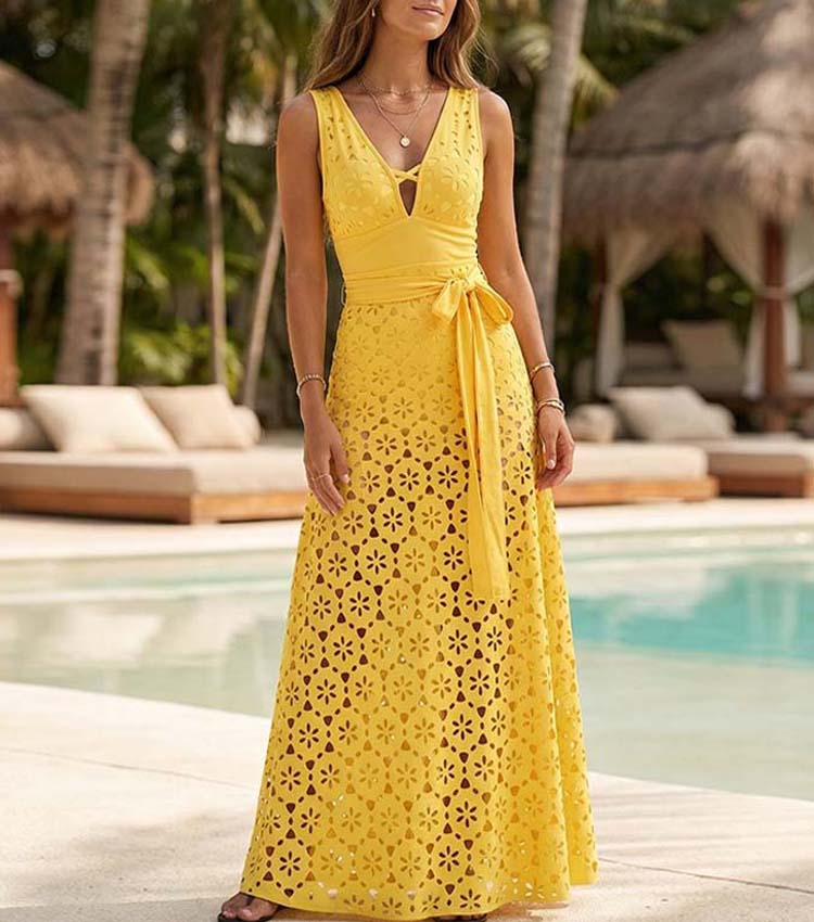Yellow Color Laser Cutting Flower Hollow One Piece Swimsuit and Skirt