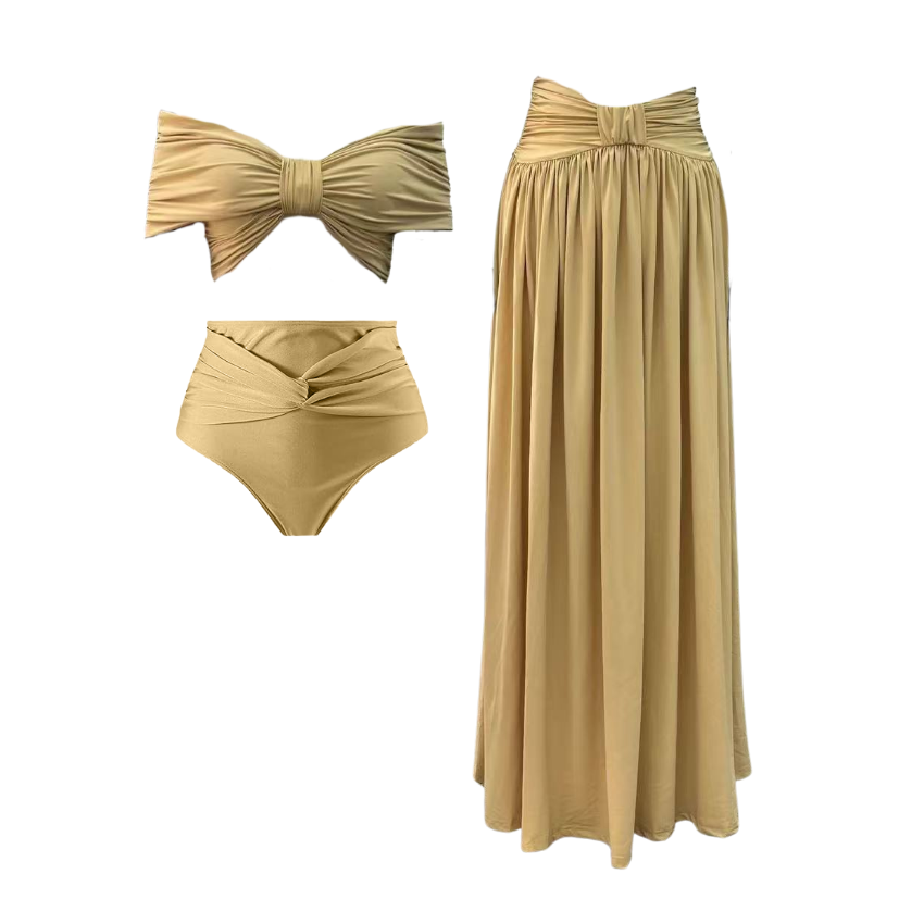 Plain Earth-Colored Bow Swimsuit Set(s)