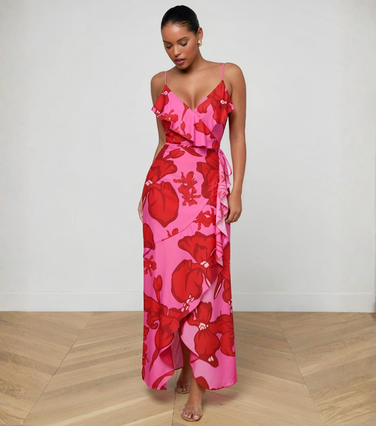 Pink Floral Ruffle Wrap Maxi Dress
