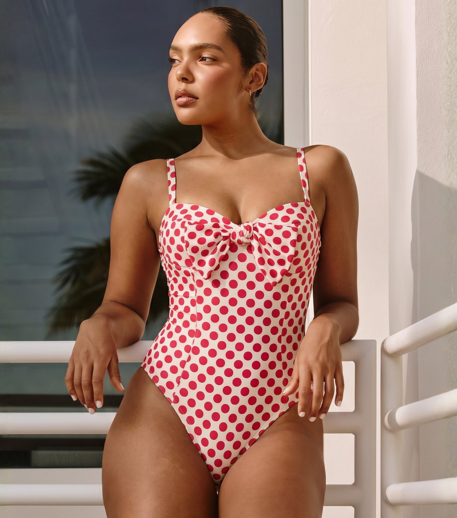 Plus Size Bowknot Polka Dot Print One Piece Swimsuit and Skirt