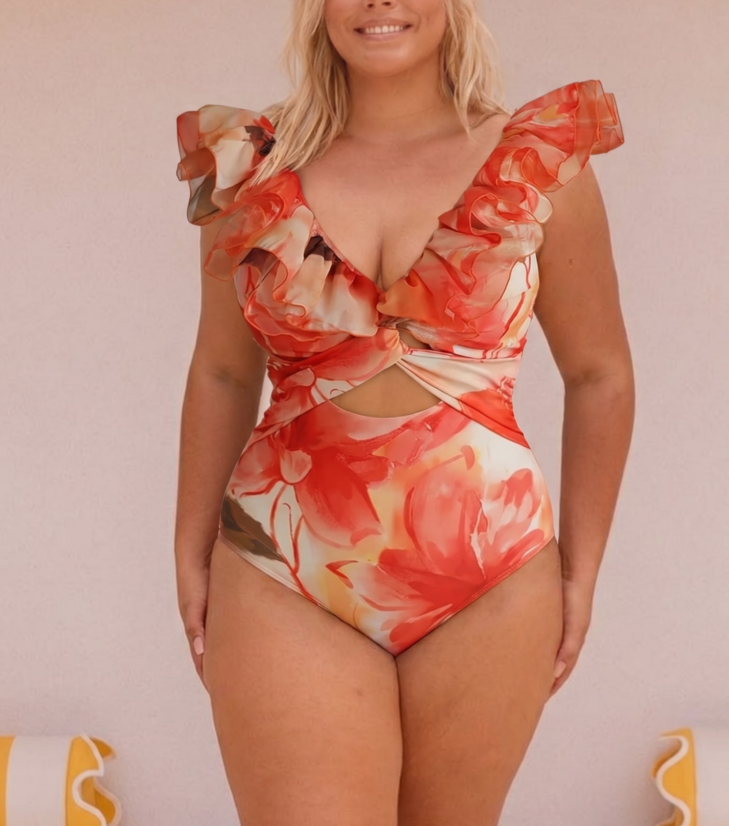 Plus Size Ruffle Shoulder Flower Print One Piece Swimsuit and Skirt