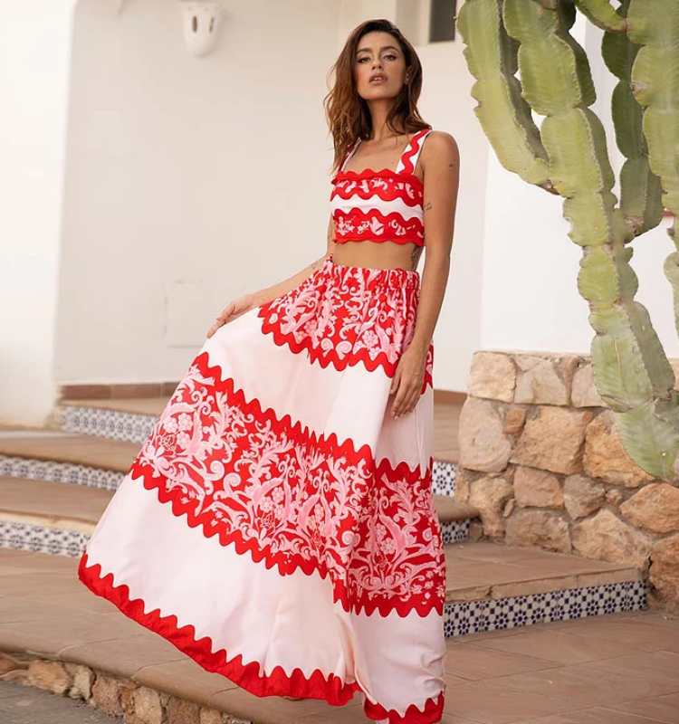 Red Wavy Stripes Printed Bikini Swimsuit and Skirt