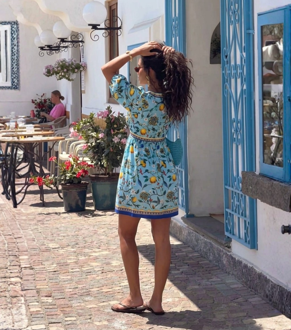 Citrus Bird Print Puff Sleeve V-Neck Mini Dress