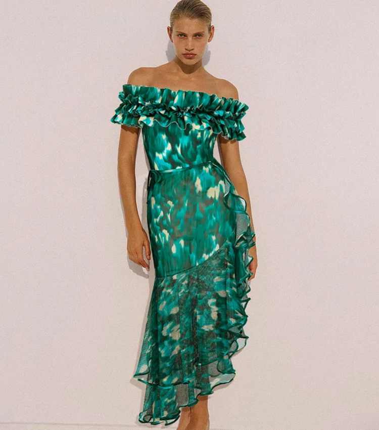 Bandeau Ruffled Green Blooming Print One Piece Swimsuit and Mesh Splicing Sarong