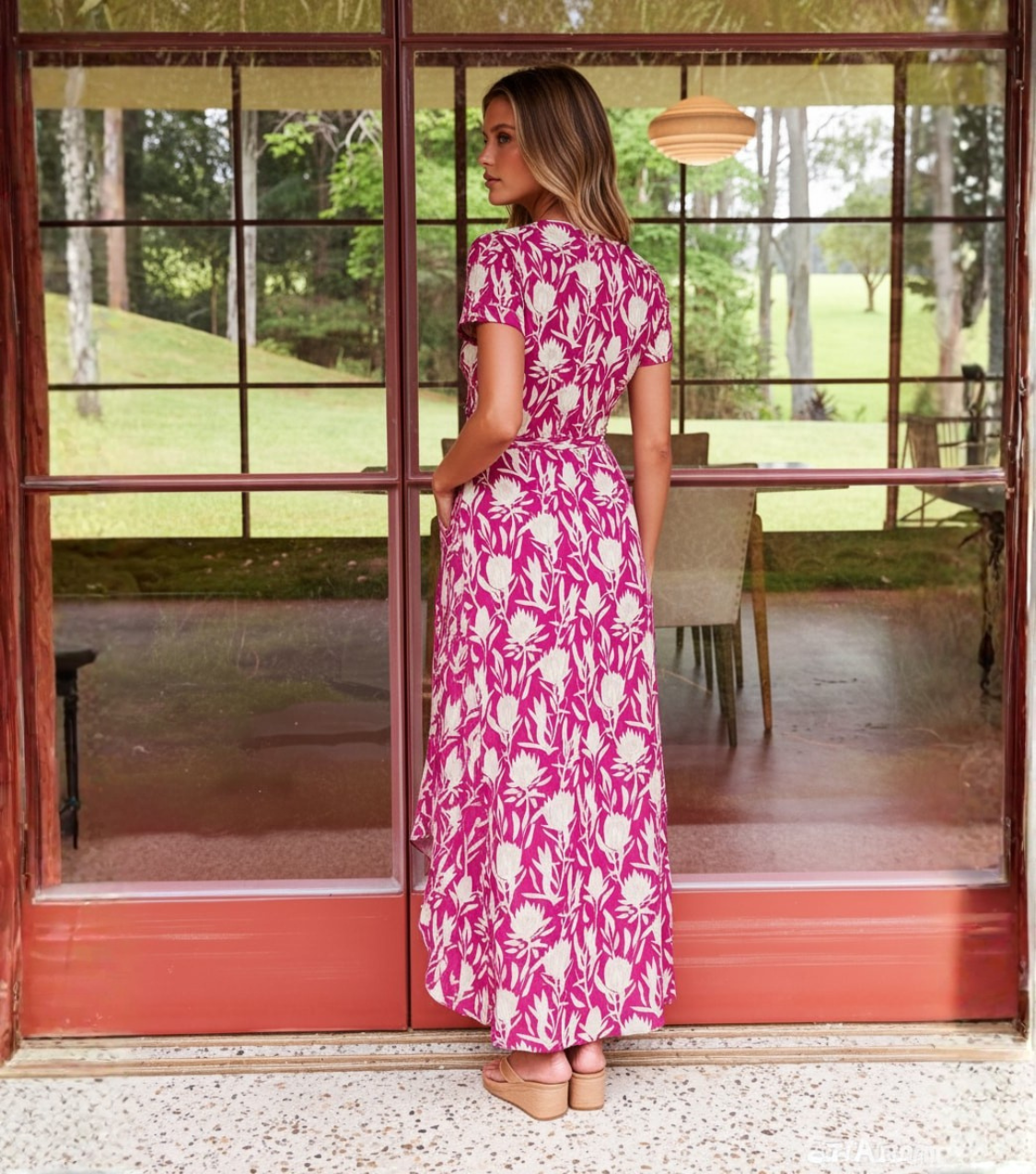 Pink Block Print Wrap Midi Dress