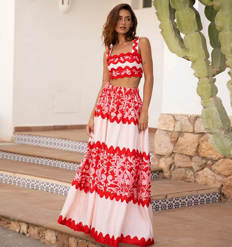 Red Wavy Stripes Printed Bikini Swimsuit and Skirt