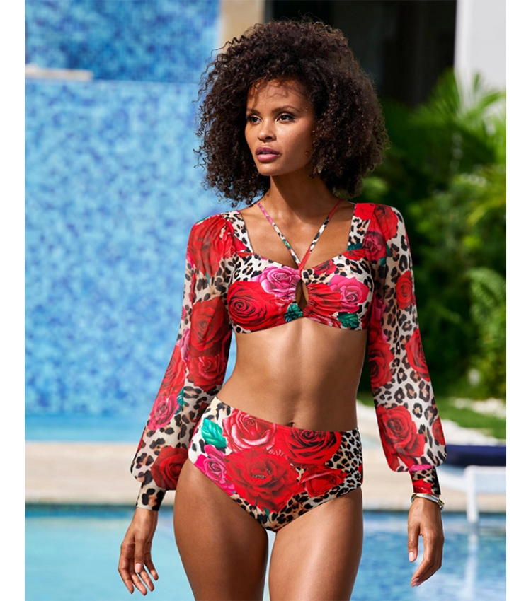 Lace Up Chiffon Long Sleeves Leopard Print High Waist Bikini Swimsuit and Skirt