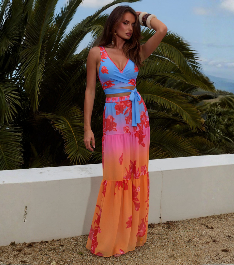Blue-Pink-Orange Ombre Floral Two-Piece Print Swimsuit Set(s)