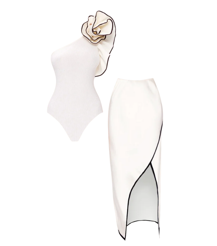 One Shoulder 3D Flowers One Piece Swimsuit and Skirt