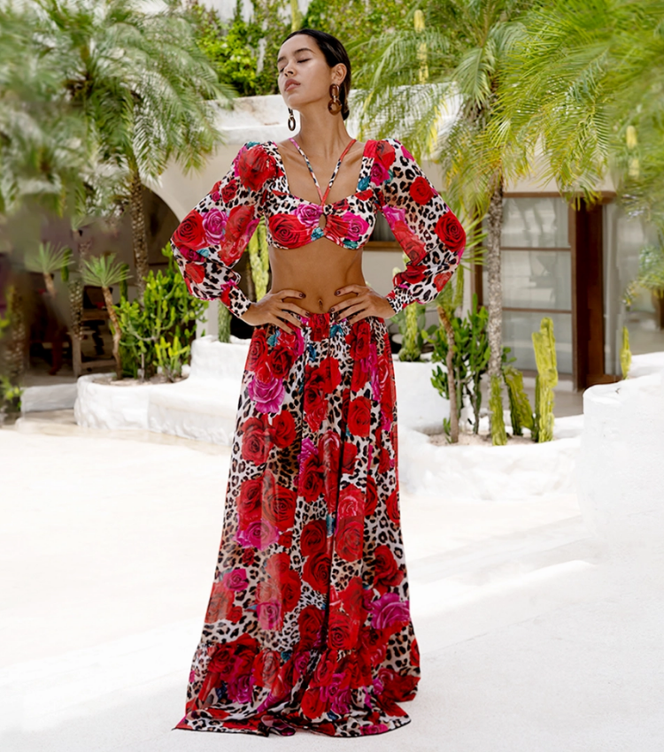 Lace Up Chiffon Long Sleeves Leopard Print High Waist Bikini Swimsuit and Skirt