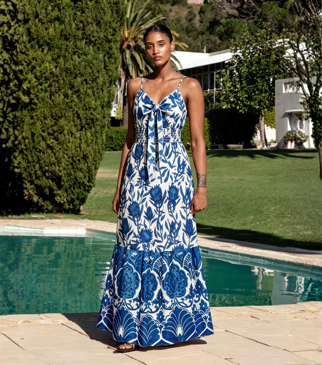 Blue Block Print Tie-Front Tiered Maxi Dress