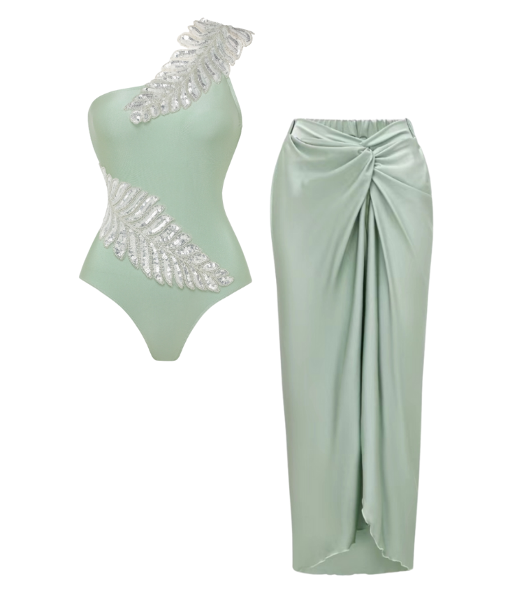 One Shoulder Sequin Leaf Embroidery One Piece Swimsuit and Sarong Flaxmaker