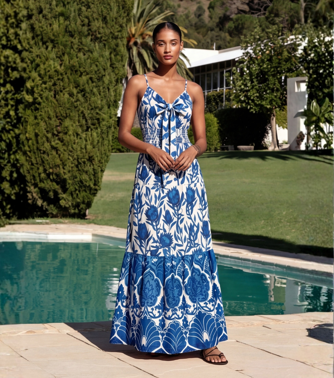 Blue Block Print Tie-Front Tiered Maxi Dress