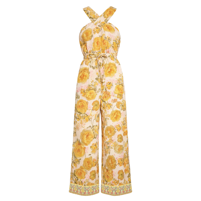 Yellow Rose Floral Cross Halter Wide Leg Jumpsuit