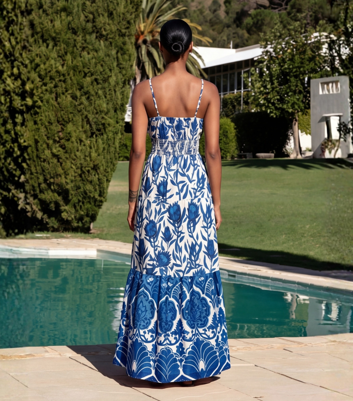 Blue Block Print Tie-Front Tiered Maxi Dress