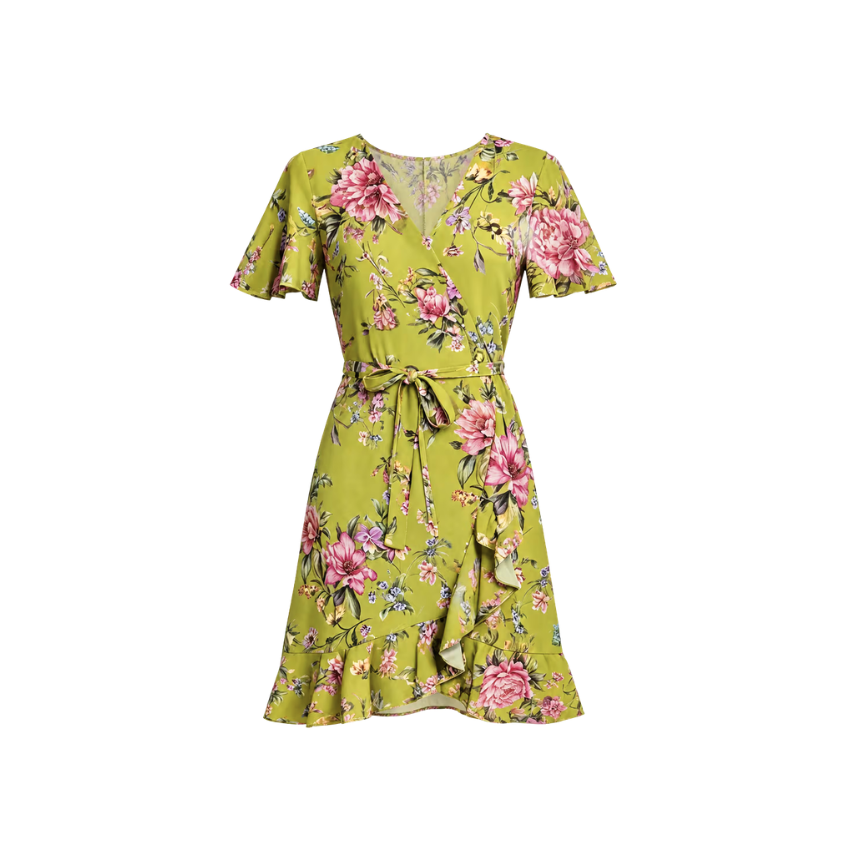 Olive Green Floral Flutter Sleeve Wrap Midi Dress