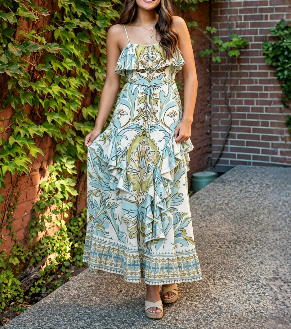 Vintage Floral Ruffled Maxi Dress