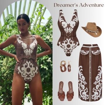 V Neck Belted Ethnic Print One Piece Swimsuit and Skirt Flaxmaker