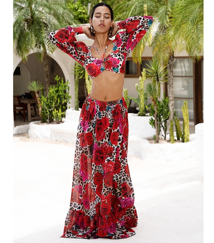 Lace Up Chiffon Long Sleeves Leopard Print High Waist Bikini Swimsuit and Skirt