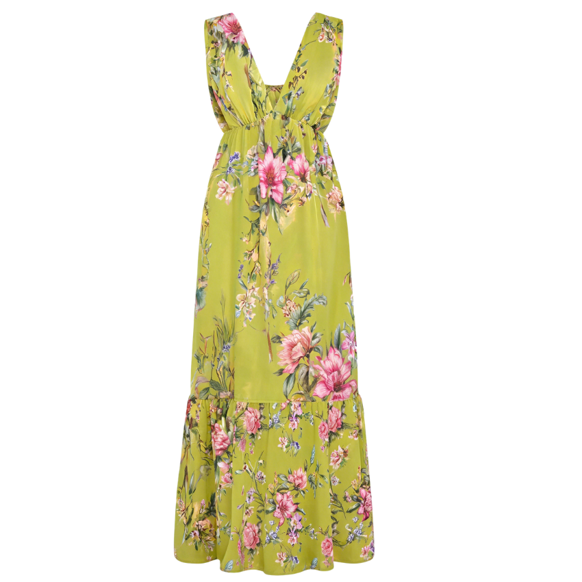 Olive Green Floral V-Neck Tiered Maxi Dress