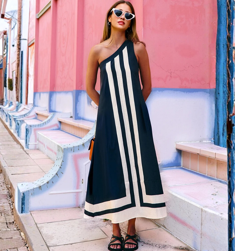 One Shoulder Color Block Striped Maxi Dress