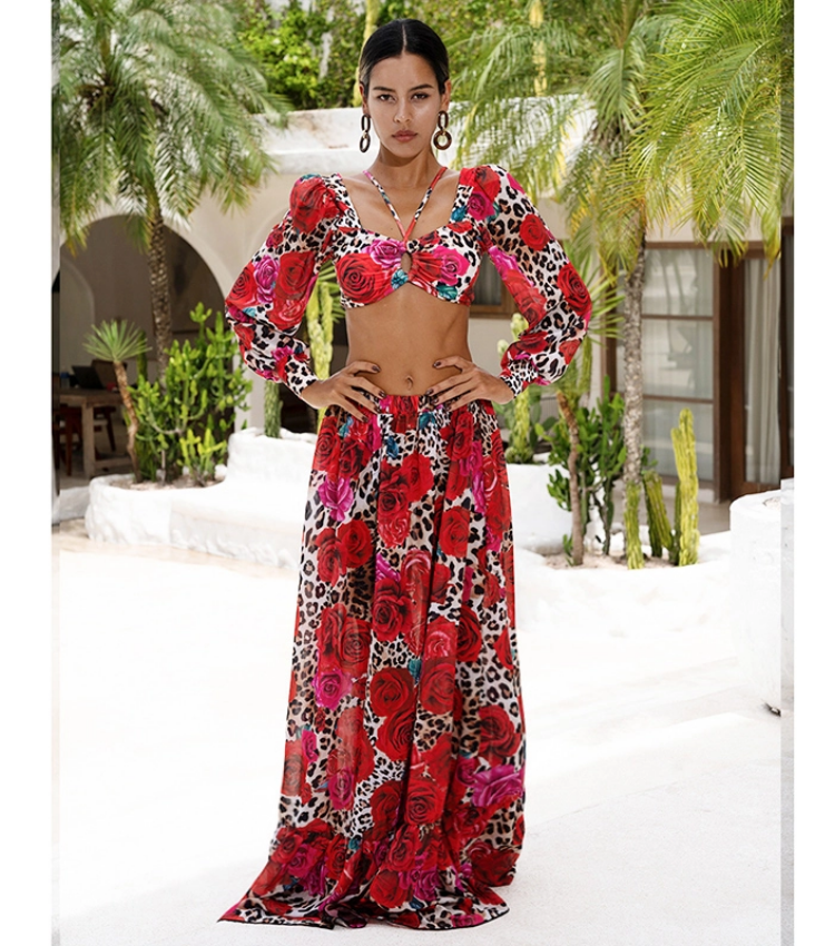 Lace Up Chiffon Long Sleeves Leopard Print High Waist Bikini Swimsuit and Skirt