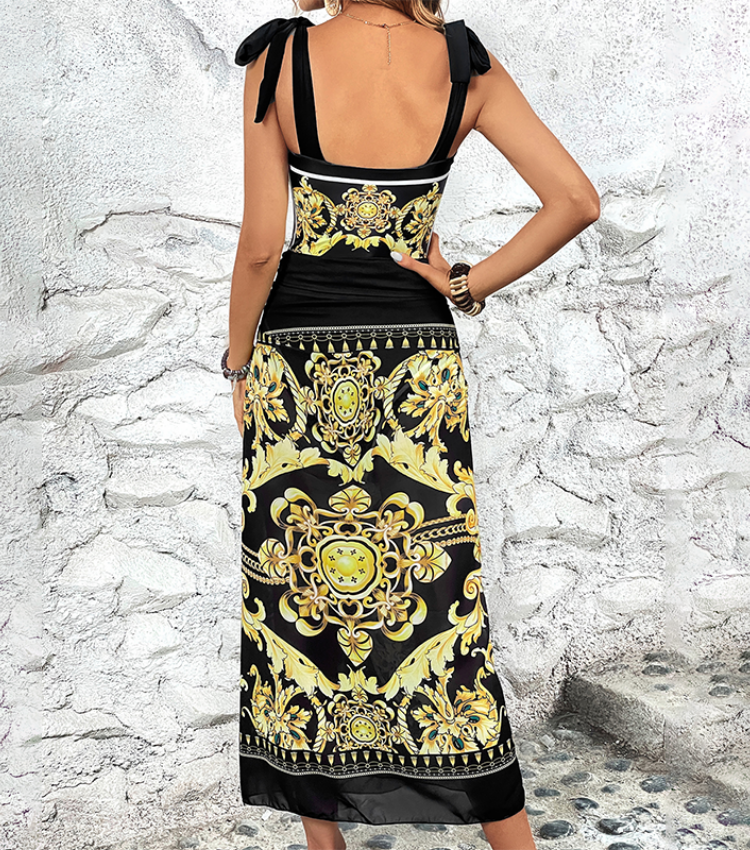 Reversible Tie-shoulder One Piece Swimsuit and Sarong Flaxmaker