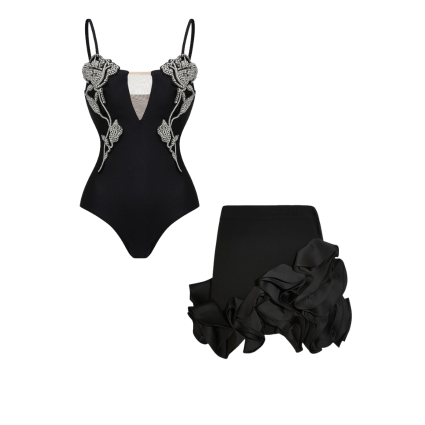 Rhinestones Flower Decor One Piece Swimsuit and Skirt Flaxmaker