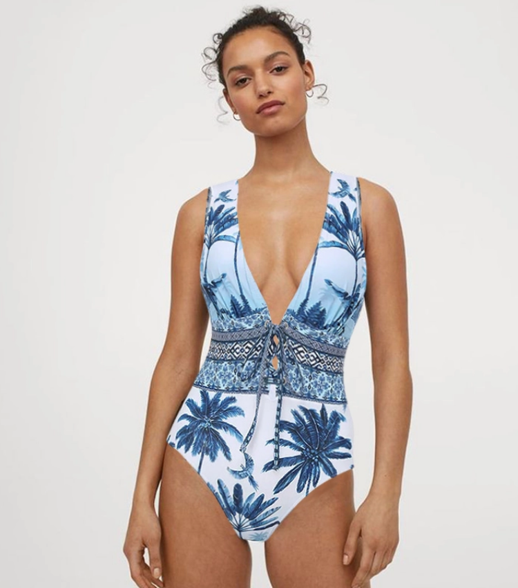 V Neck Lace Up Printed One Piece Swimsuit and Skirt