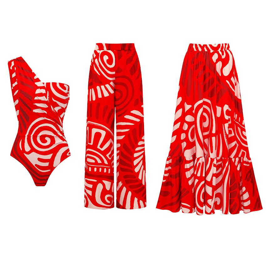 One Shoulder Red Retro Print Swimsuit Set(s)
