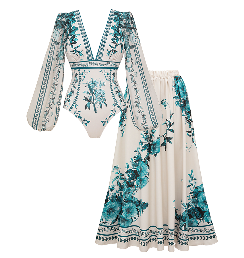 Dark Cyan Long Sleeved Floral SwimsuitL Set(s)