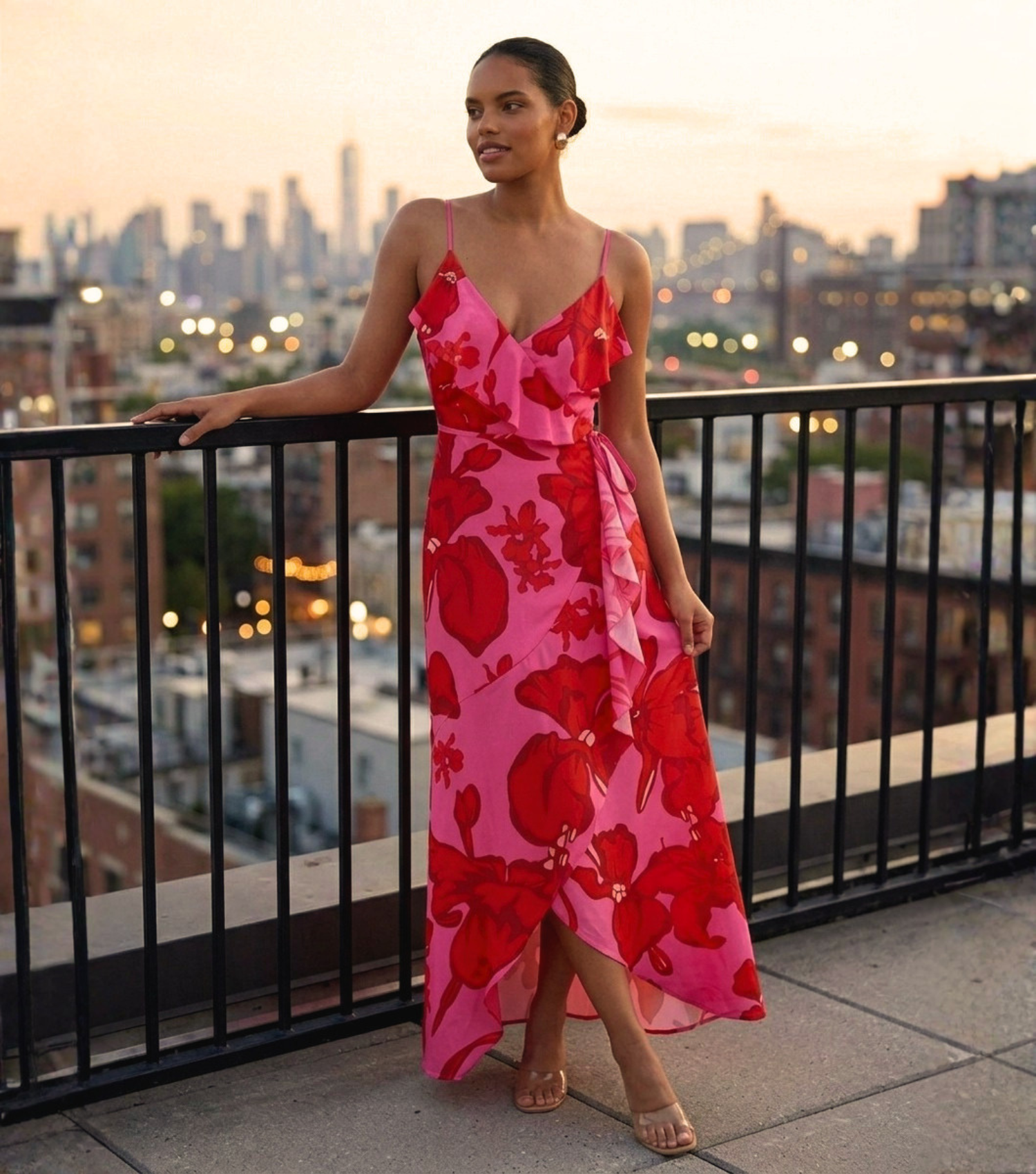 Pink Floral Ruffle Wrap Maxi Dress