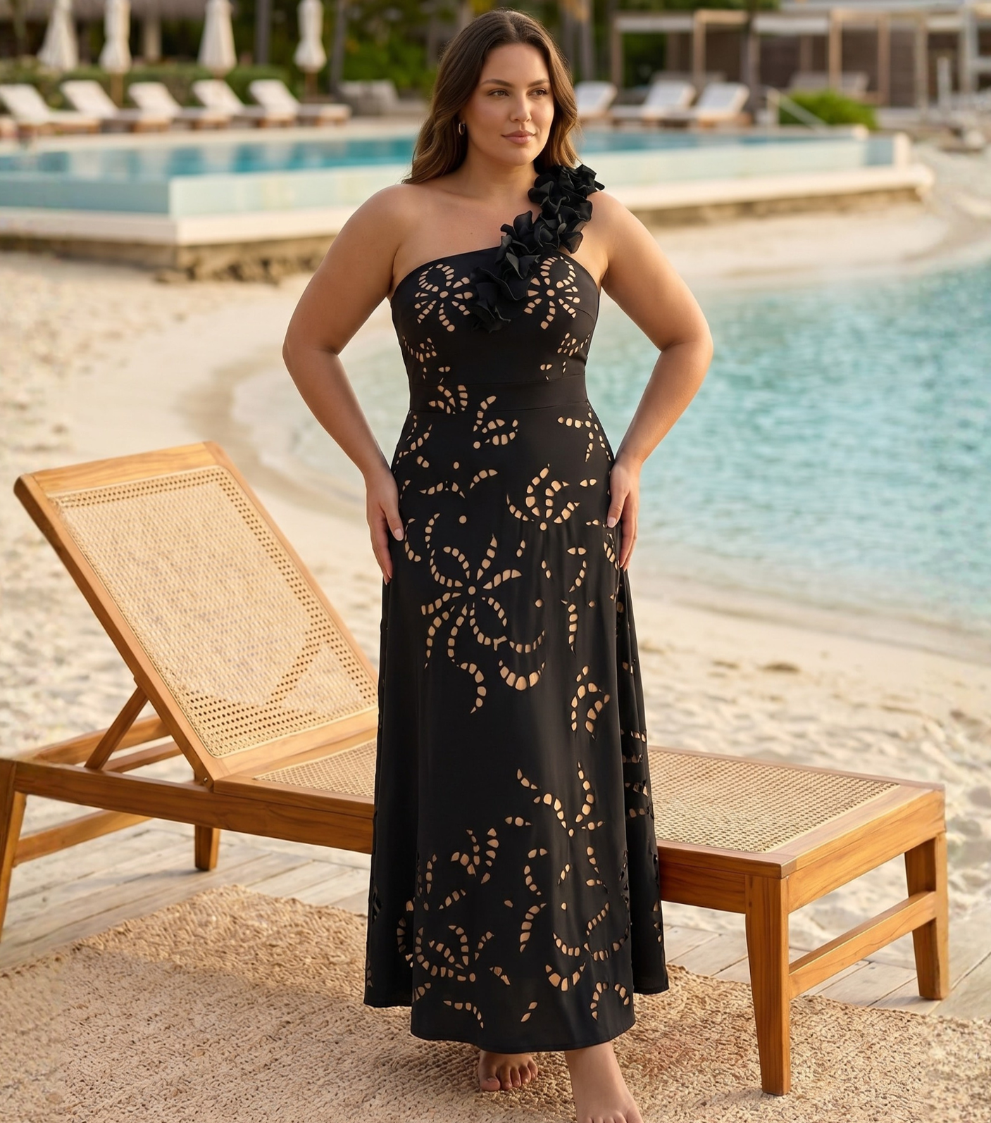Plus Size One Shoulder Ruffle Black Laser Cutting Flower Swimsuit Set(s)