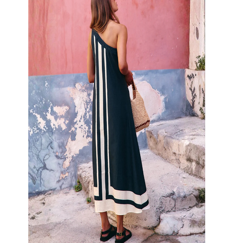 One Shoulder Color Block Striped Maxi Dress