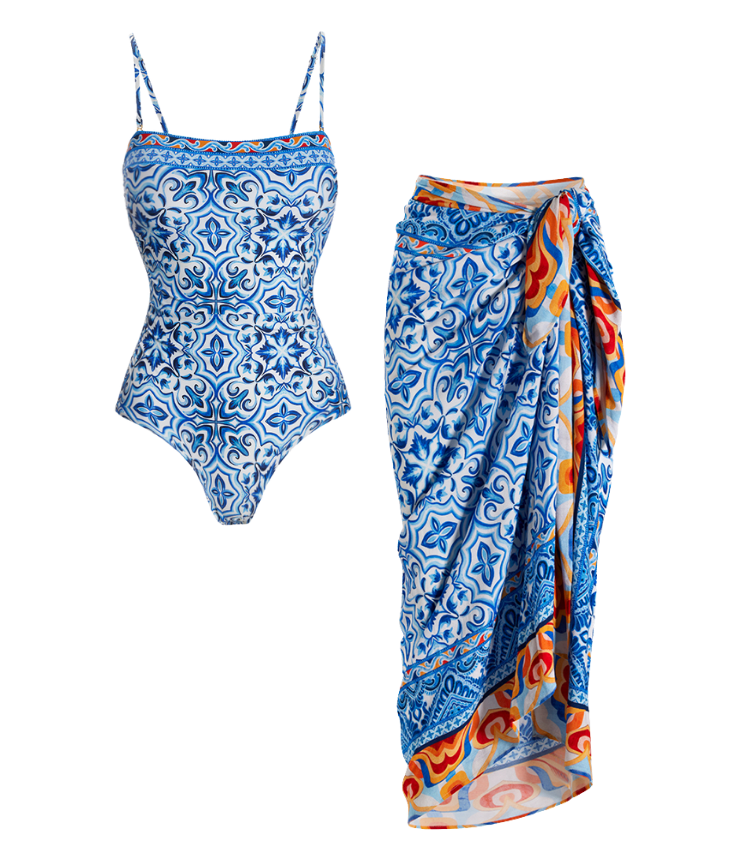 Printed One Piece Swimsuit and Sarong