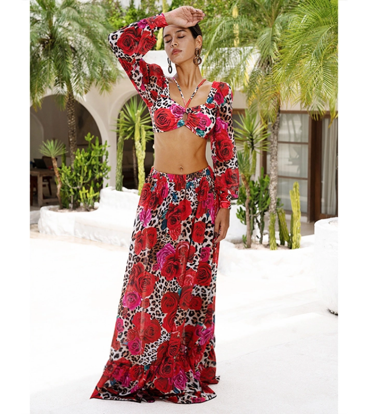 Lace Up Chiffon Long Sleeves Leopard Print High Waist Bikini Swimsuit and Skirt