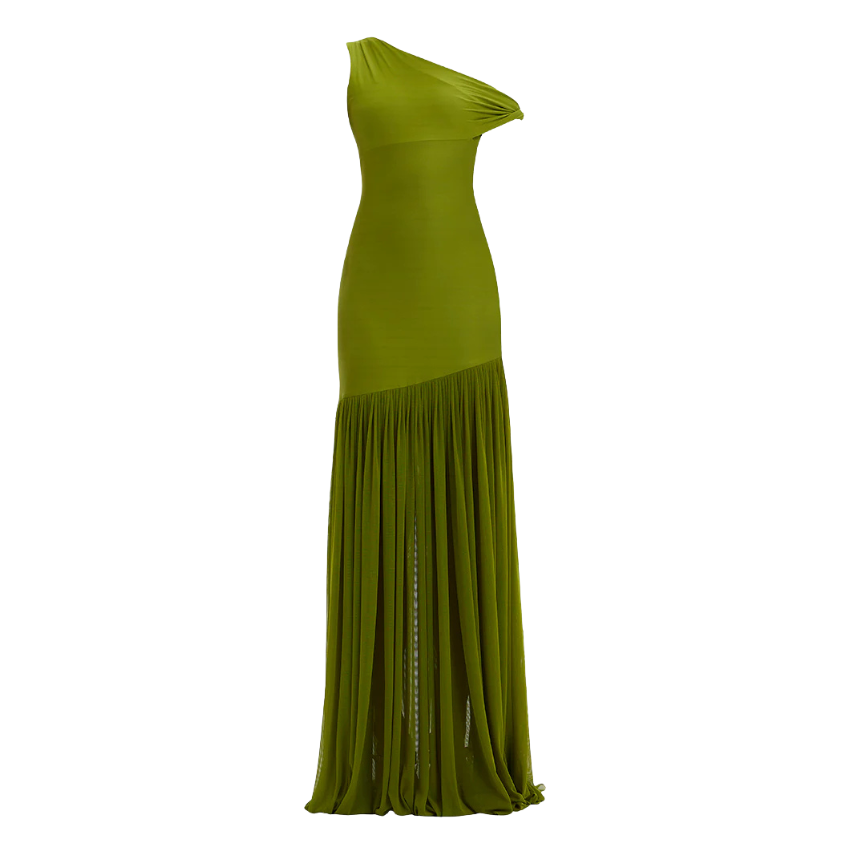 Solid Olive Green One Shoulder Ruched Mermaid Dress