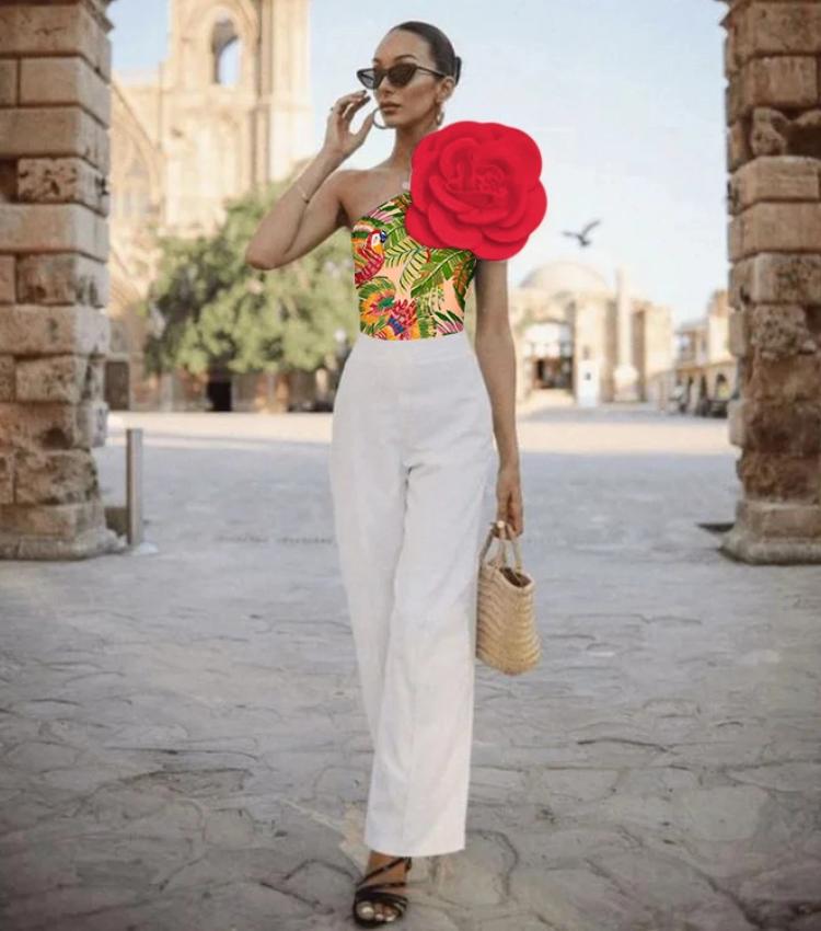 3D Flower One Shoulder One Piece Swimsuit and Sarong Flaxmaker