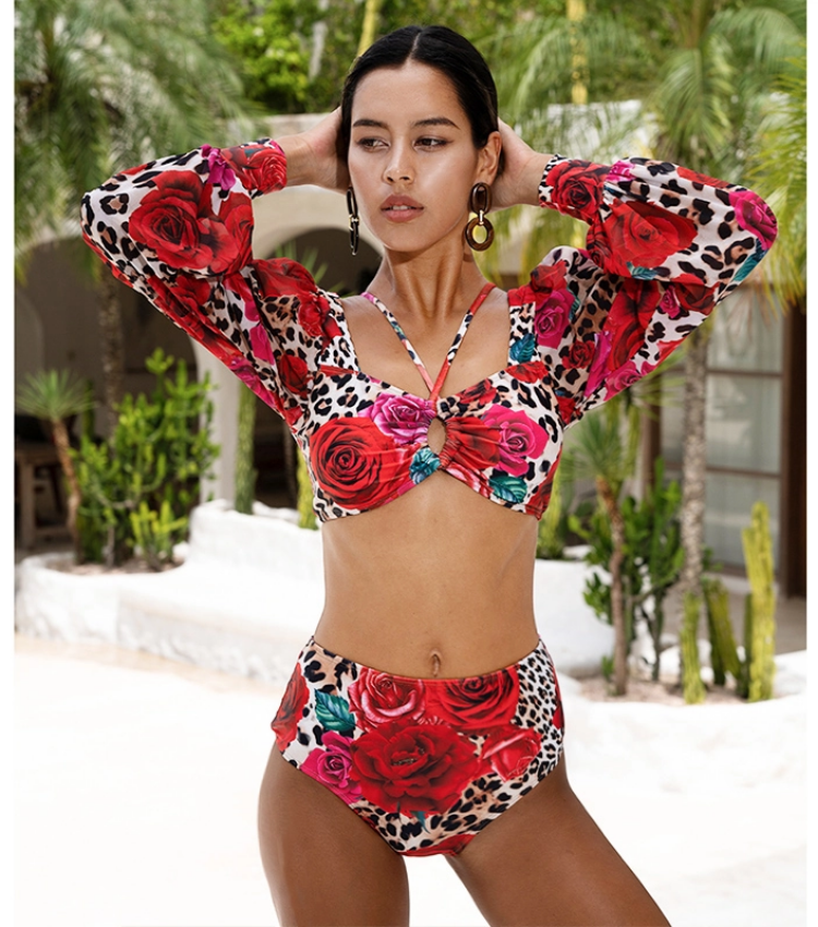 Lace Up Chiffon Long Sleeves Leopard Print High Waist Bikini Swimsuit and Skirt