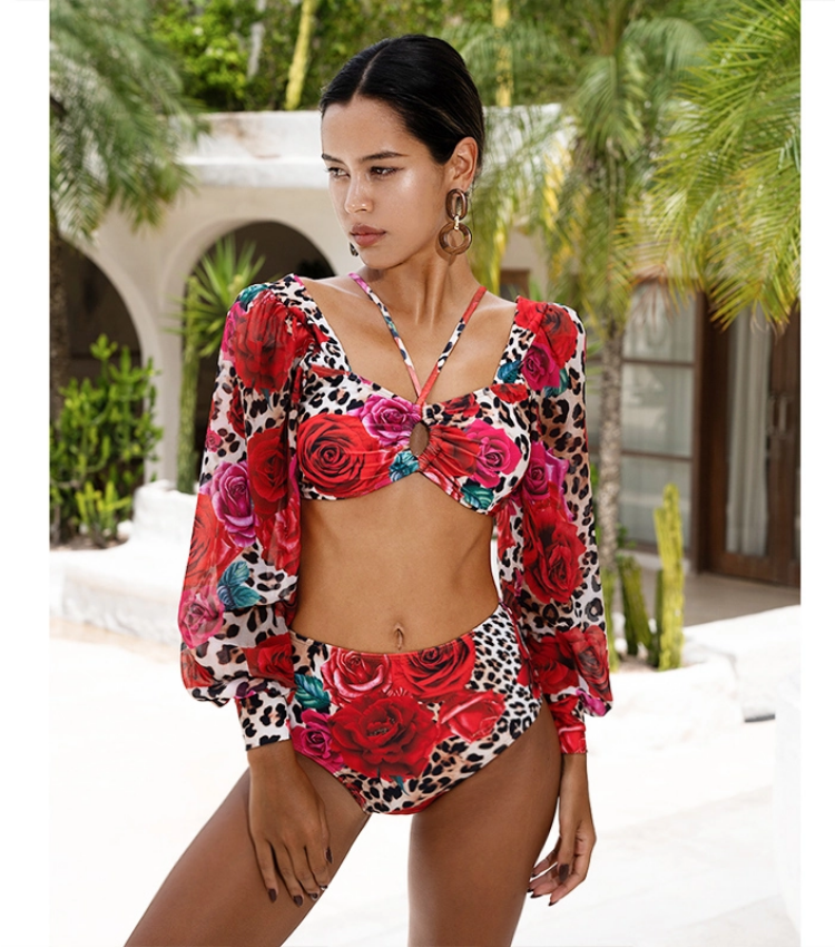 Lace Up Chiffon Long Sleeves Leopard Print High Waist Bikini Swimsuit and Skirt