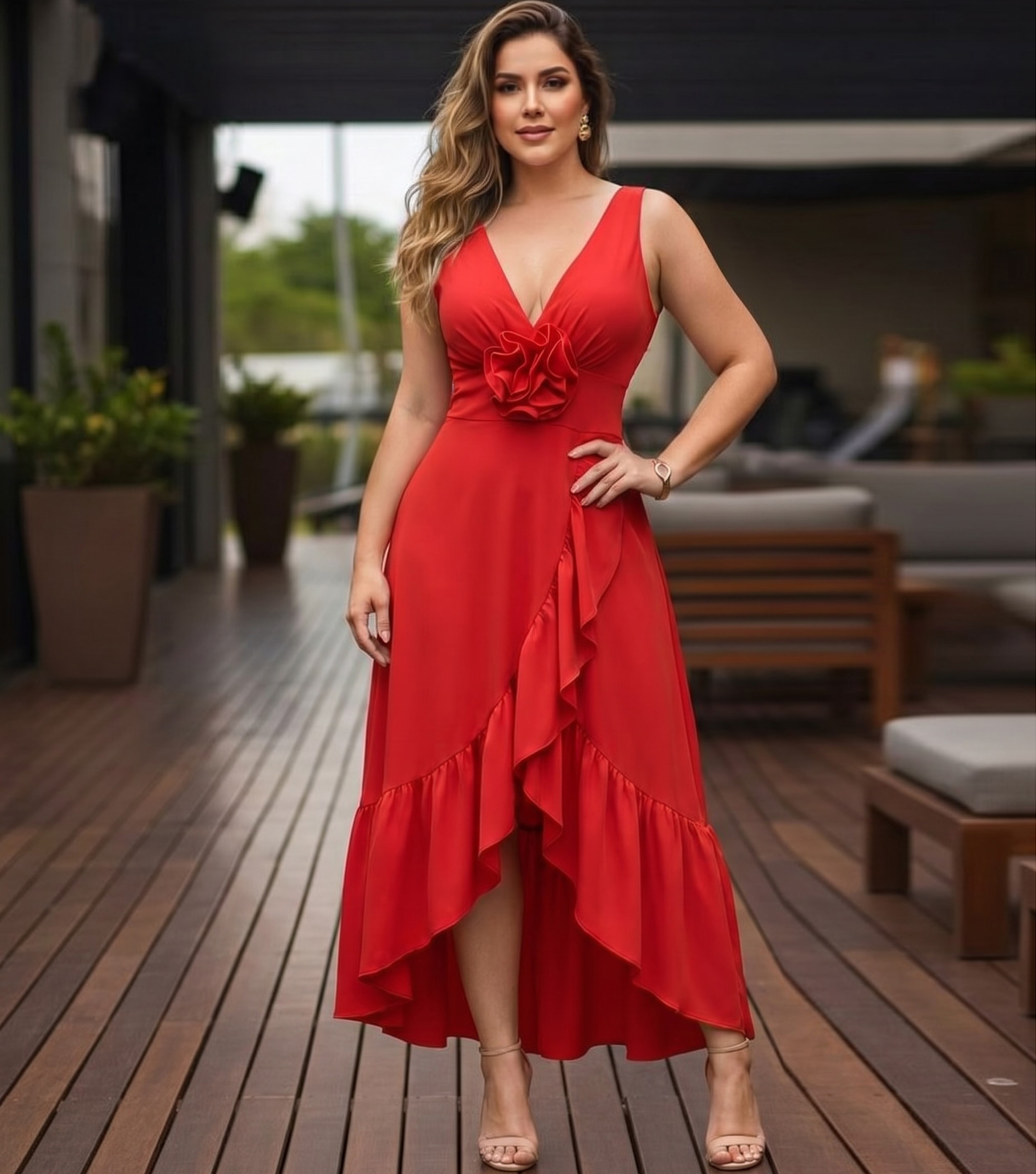 Plus Size Detachable 3D Flower Red One Piece Swimsuit and Skirt Flaxmaker