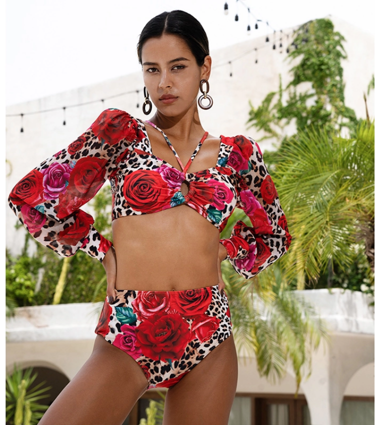 Lace Up Chiffon Long Sleeves Leopard Print High Waist Bikini Swimsuit and Skirt