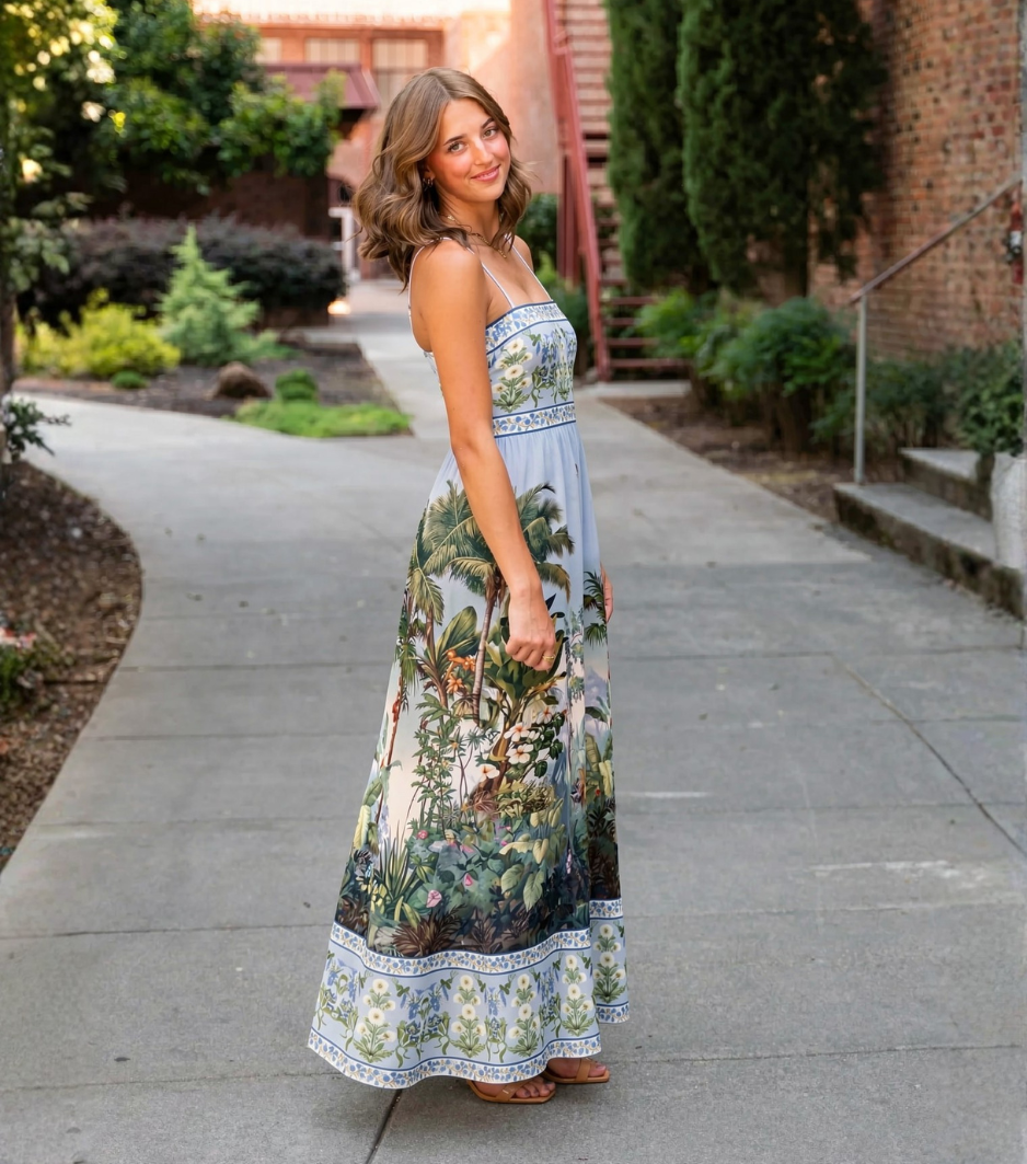 Tropical Jungle Print Square Neck Slip Maxi Dress