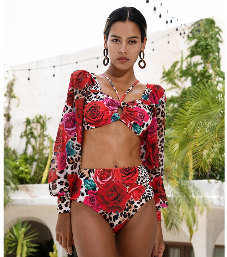 Lace Up Chiffon Long Sleeves Leopard Print High Waist Bikini Swimsuit and Skirt